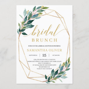 Boho greenery eucalyptus gold frame bridal brunch invitation