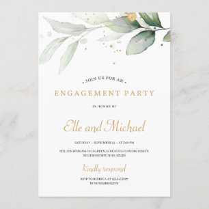 Boho greenery eucalyptus gold splashes engagement invitation