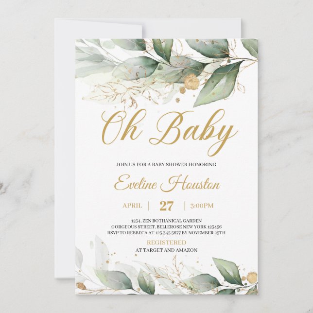 Boho greenery eucalyptus leaves oh baby shower invitation (Front)