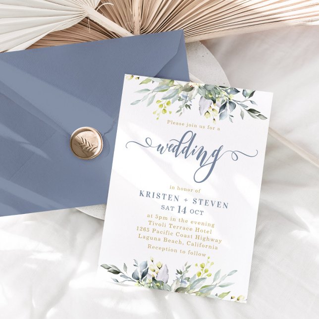 Boho Greenery Eucalyptus Wedding Dusty Blue Invitation (Creator Uploaded)