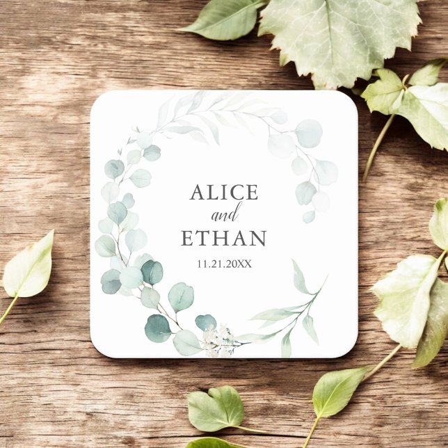 Boho Greenery Eucalyptus Wedding Square Paper Coaster (Creator Uploaded)