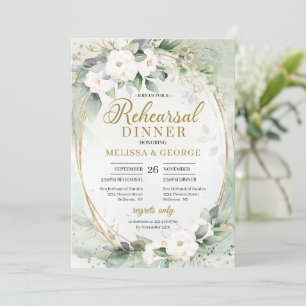 Boho Greenery eucalyptus white roses gold oval  Invitation