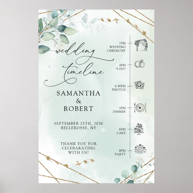 Boho Greenery Faux Gold Frame Wedding Timeline Poster (Front)