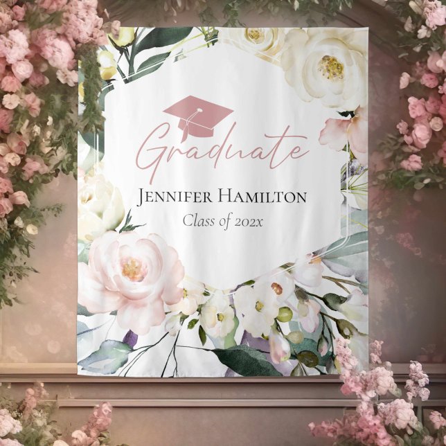 Boho Greenery Floral Frame Graduation Backdrop Tapestry (Creator Uploaded)