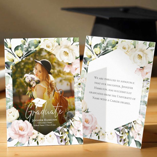 Boho Greenery Floral Frame Photo Graduation Announcement (Creator Uploaded)