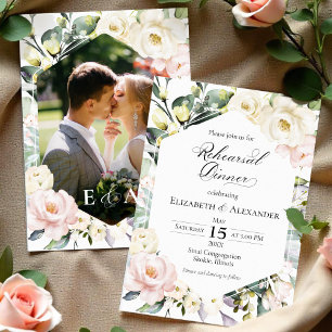 Boho Greenery Floral Frame Photo Rehearsal Dinner Invitation