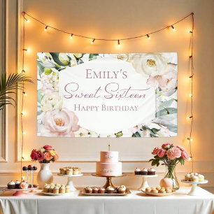 Boho Greenery Floral Frame Sweet Sixteen Banner