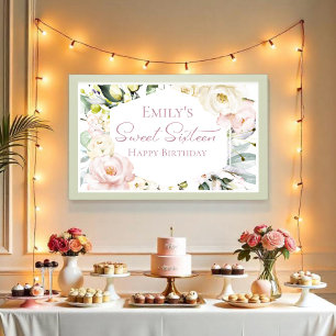 Boho Greenery Floral Frame Sweet Sixteen Banner Poster