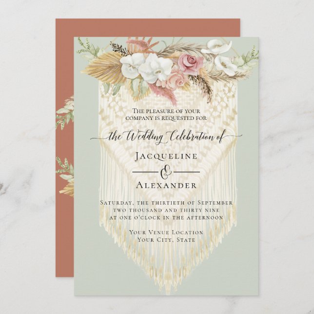 BOHO Greenery Floral Pampas Grass Macrame Wedding Invitation (Front/Back)