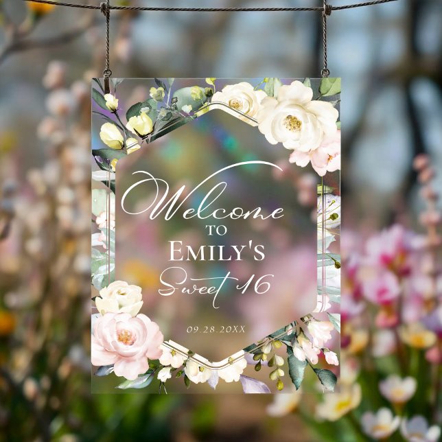 Boho Greenery Floral Sweet 16 Welcome Acrylic Sign (Creator Uploaded)
