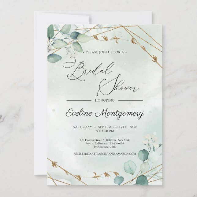 Boho Greenery Folaige Faux Gold Geometric Bridal Invitation (Front)