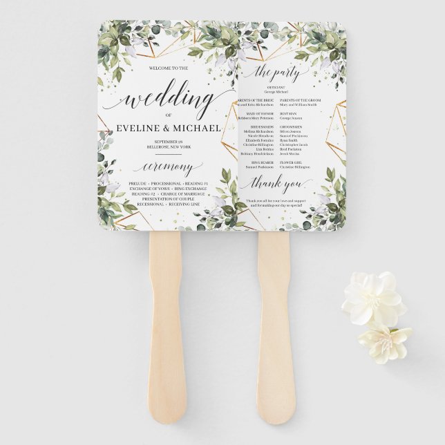 Boho greenery folaige gold frame wedding program hand fan (Front and Back)