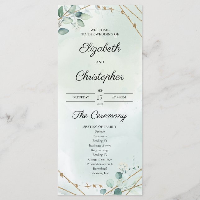 Boho Greenery Folaige Gold Frame Wedding Programme (Front)