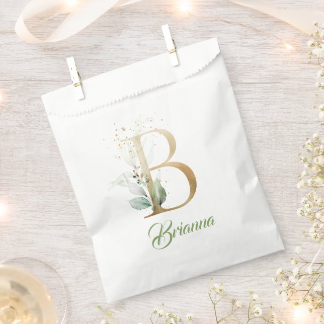 Boho greenery foliage and gold foil B monogram  Favour Bags (Clipped)