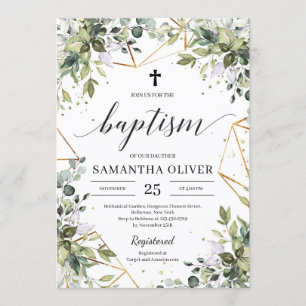 Boho Greenery foliage eucalyptus gold baptism Invitation