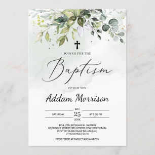 Boho greenery foliage eucalyptus leaves baptism invitation