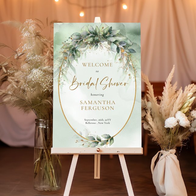 Boho greenery foliage gold Bridal shower Welcome Poster (Elegant botanical green eucalyptus gold geometric bridal shower welcome sign)