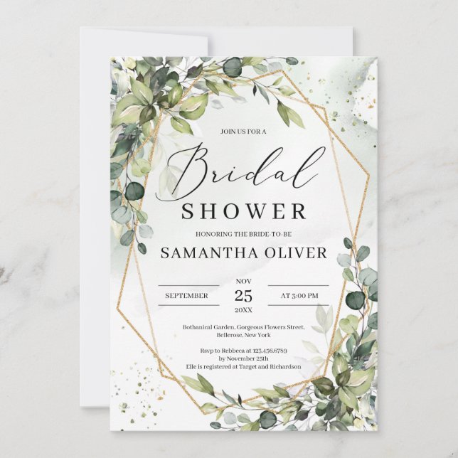 Boho greenery foliage gold frame Bridal Shower Invitation (Front)