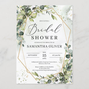 Boho greenery foliage gold frame Bridal Shower Invitation