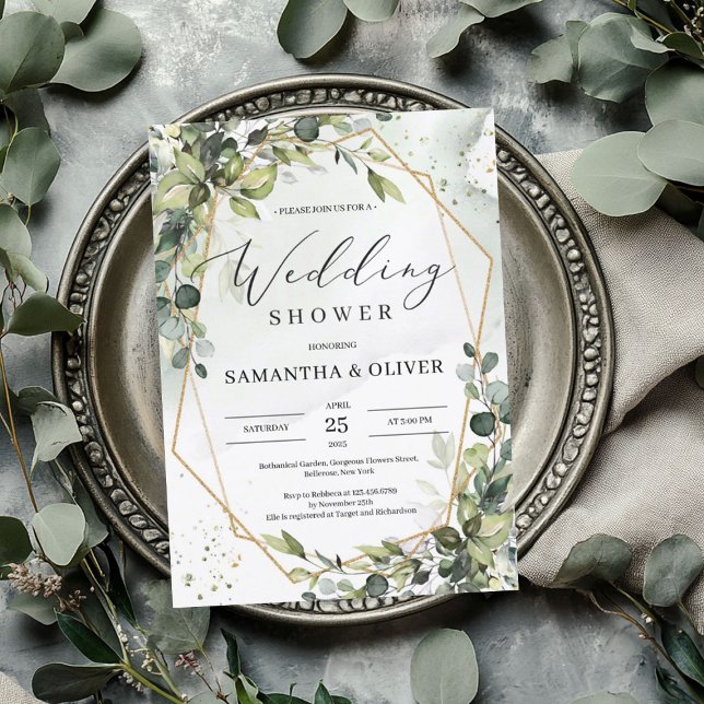 Boho greenery foliage gold frame wedding shower invitation (Boho greenery foliage gold frame wedding shower invitation)