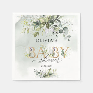 Boho greenery foliage gold letters baby shower napkin