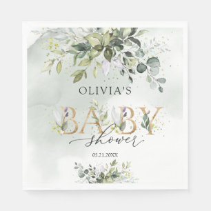 Boho greenery foliage gold letters baby shower napkin