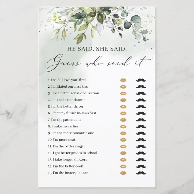 Boho greenery foliage he said she said bridal game (Front)