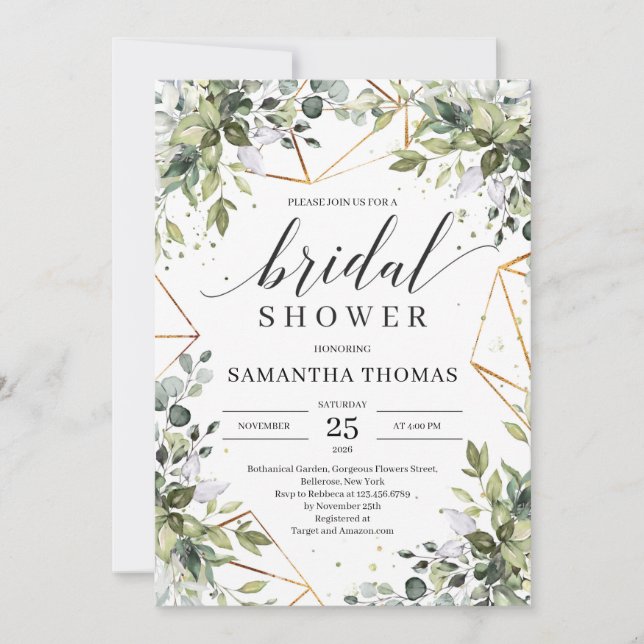 Boho greenery foliage leaves gold frame bridal invitation (Front)