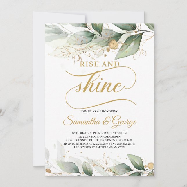 Boho Greenery foliage leaves gold rise and shine Invitation (Front)