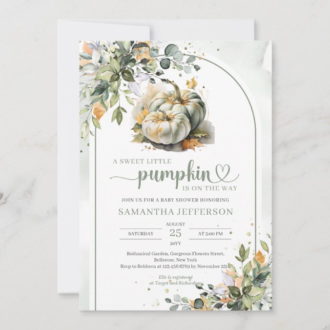Boho greenery foliage leaves twins green pumpkins invitation (Front)