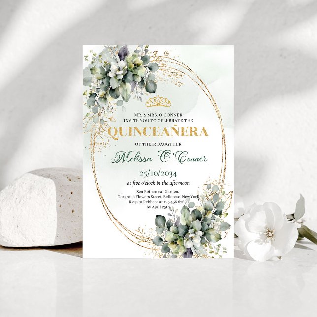 Boho Greenery Foliage Quinceañera Gold Invitation (Boho Greenery Foliage Quinceañera Gold Invitation)