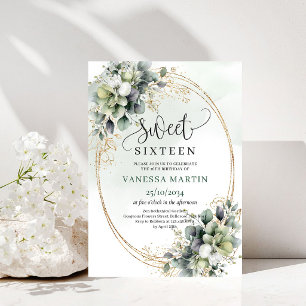 Boho Greenery Foliage Sweet 16 Gold Invitation