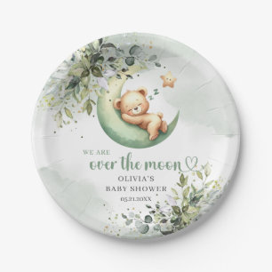 Boho greenery foliage teddy bear over the moon paper plate
