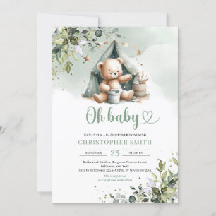 Boho greenery gender neutral teddy bear in tent invitation