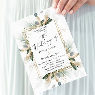 Boho Greenery & Gold Eucalyptus Frame Wedding Invitation