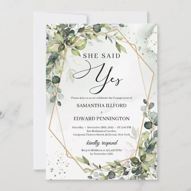 Boho Greenery gold frame she said yes engagement Invitation (Front)