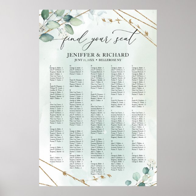 Boho Greenery Gold Geometric alphabetical seating Poster (Front)