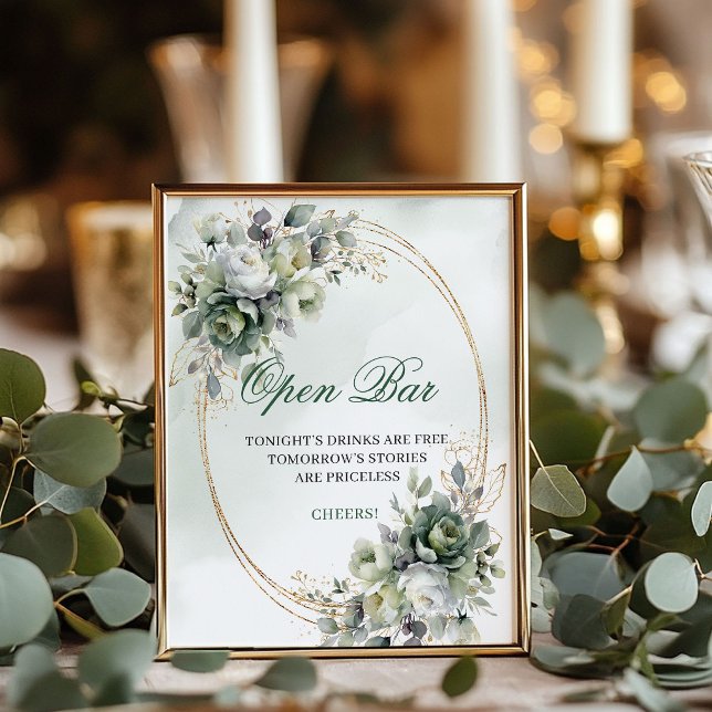 Boho Greenery Gold Open Bar Wedding Table Sign (Boho Greenery Gold Open Bar Wedding Table Sign)