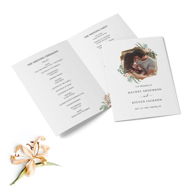 Boho Greenery Leaves Photo Wedding Folded Program (Creator Uploaded)