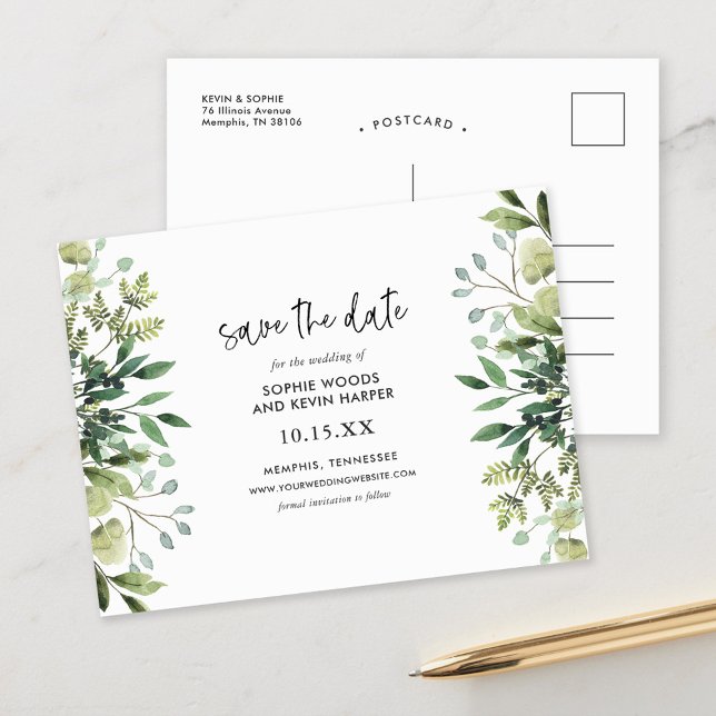 Boho Greenery Modern Save the Date Announcement Postcard (Creator Uploaded)