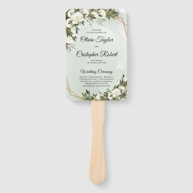 Boho greenery olive foliage gold frame white roses hand fan (Front)