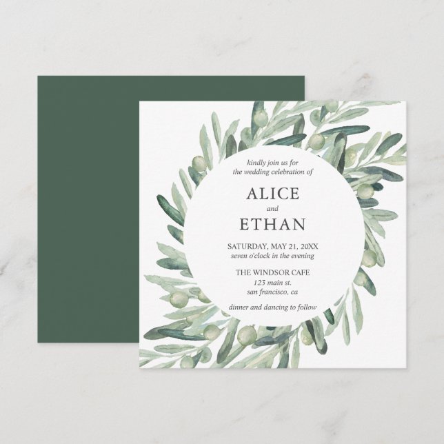 Boho Greenery Olive Leaves Wedding Invitation (Front/Back)