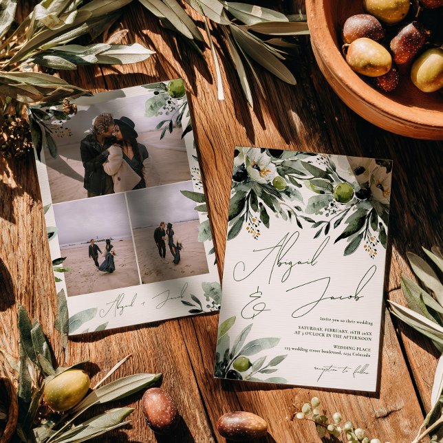 Boho Greenery Olive Watercolor 3 Photo Wedding Invitation (Boho Greenery Olive Watercolor 3 Photo Wedding Invitation)