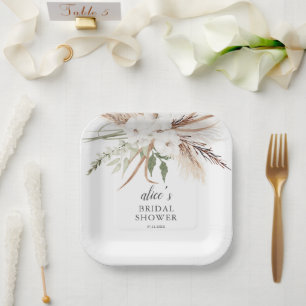 Boho Greenery Pampa Grass Bridal Shower Paper Plate