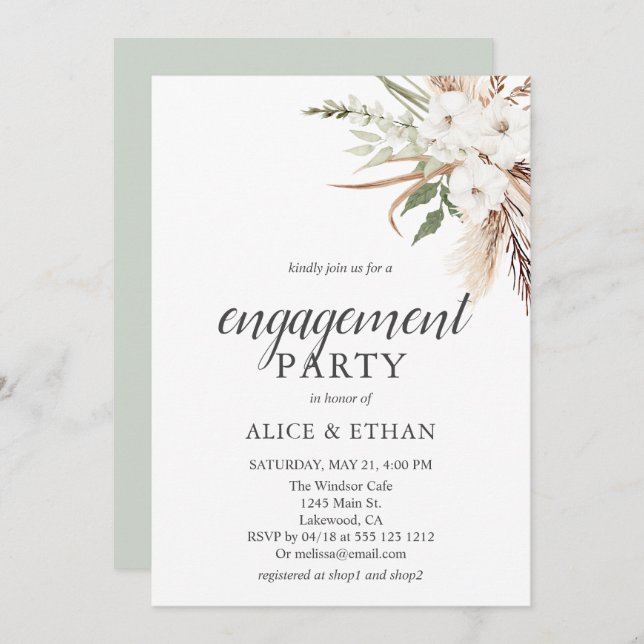 Boho Greenery Pampa Grass Engagement Party Invitat Invitation (Front/Back)