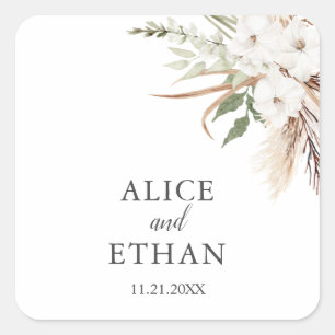 Boho Greenery Pampa Grass Wedding Square Sticker