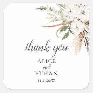 Boho Greenery Pampa Grass Wedding Square Sticker