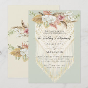 BOHO Greenery Pink Floral Pampas Mint Wedding Invitation