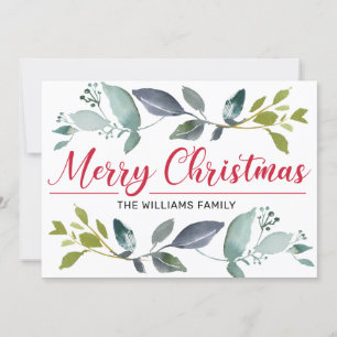 Boho Greenery Red Merry Christmas Typography Holiday Card