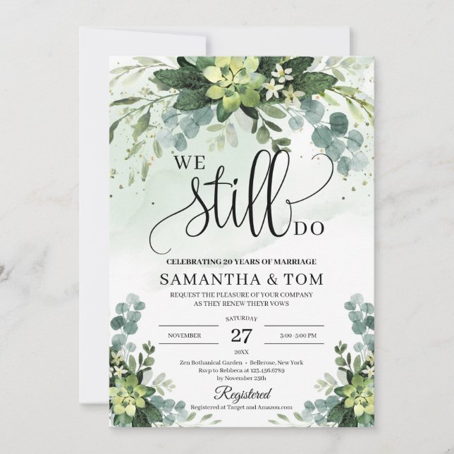 Boho greenery succulent eucalyptus we still do invitation (Front)